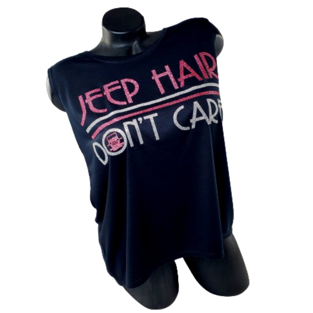 Jeep Hair Don't Care Black Sleeveless Tee with Hi-Lo Bottom Hem.